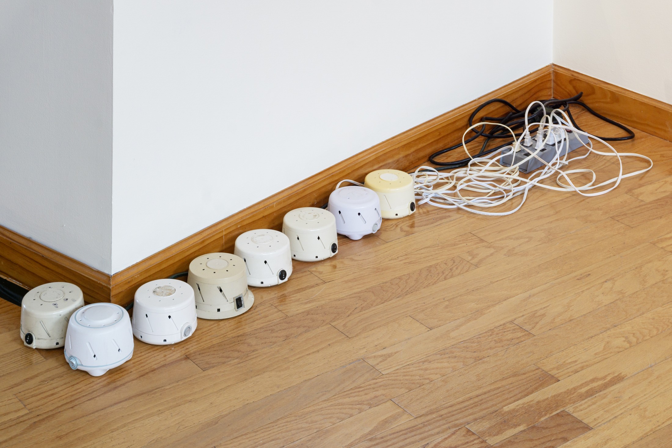 Untitled 
Used white noise therapy machines
8 units, 5×4’ each, power strip
2026
